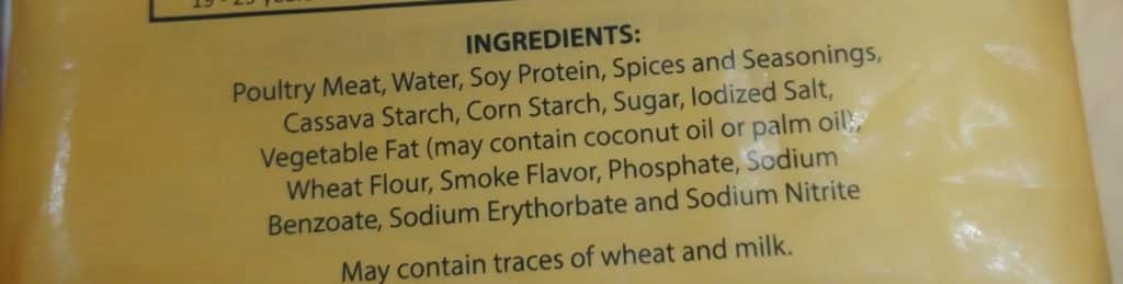 Ingredient list of a pack of hot dogs