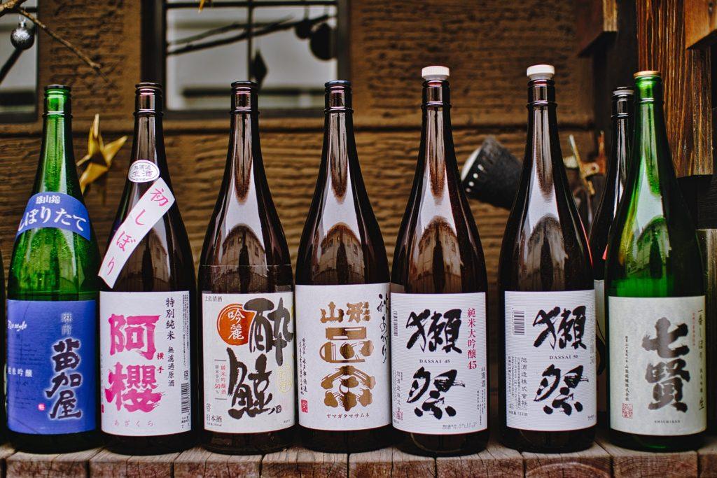 Bottles of sake produced by Aspergillus Oryzae fermentation